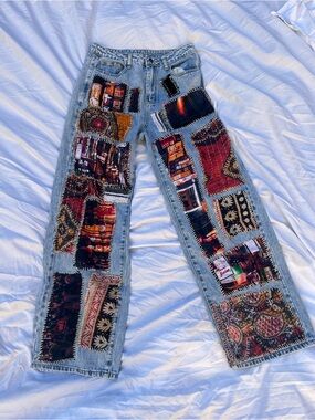 Upcycled patchwork wide leg jeans cityscape boho festival one of a kind Tokyo